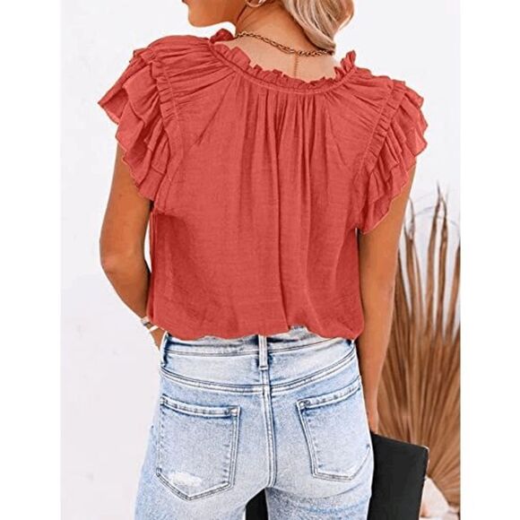 Women's Casual V Neck Tops Ruffle Flutter Shirt Cap Sleeve Blouse - Picture 2 of 5
